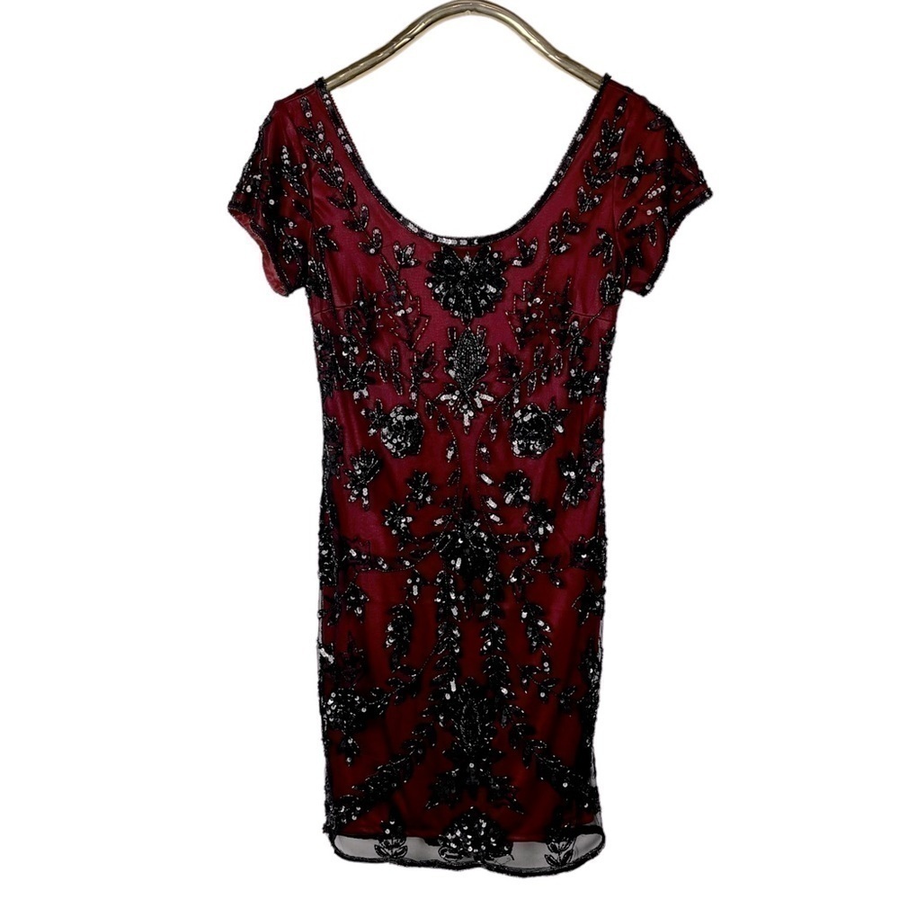 Pisarro Nights Burgundy Mini Dress with Black Sequin Appliqué - Picture 6 of 15